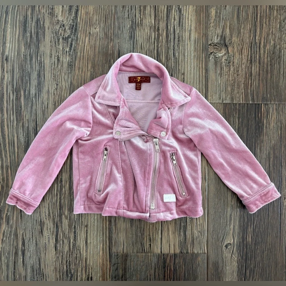 7 For All Mankind Pink Velour Full Zip Baby Moto Jacket Size 12 Months Logo